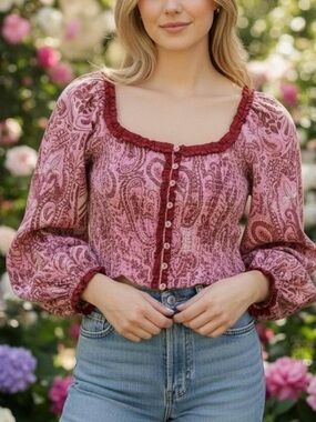 Free People Pink Paisley Smocked Crop Top – XL – NWT